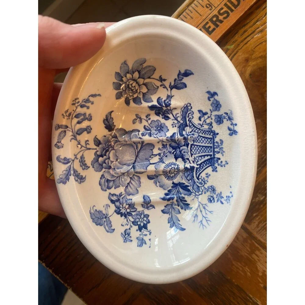 Antique Charlotte Royal Crownford Ironstone England Blue Floral Oval Dish 6" x 4 - Picture 6 of 6